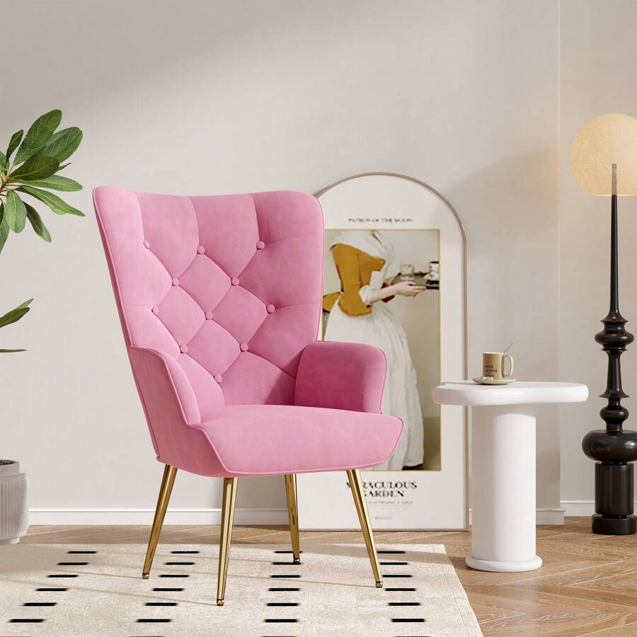 Nalupatio Mid-Century Modern Velvet Accent Chair, Tufted Wingback Armchair With Metal Legs, High Back Upholstered Reading Chair For Living Room & Bedroom - 粉色 - 查看 1