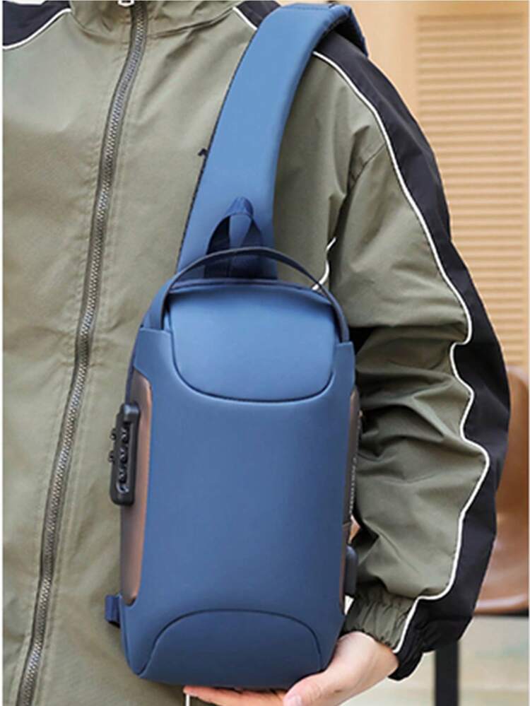 1 pieza Bolso bandolera, bolso de hombro, bolso de mensajero, bolso de pecho, ligero, resistente al agua, multifuncional con puerto de carga USB, gran capacidad con cerradura con contraseña, antirrobo, adecuado para exteriores, senderismo, escuela, viajes, unisex - Azul - Añade 2