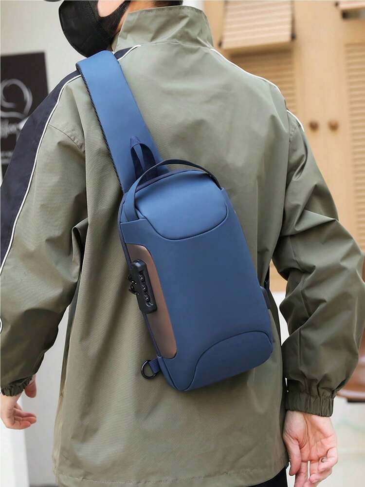 1 pieza Bolso bandolera, bolso de hombro, bolso de mensajero, bolso de pecho, ligero, resistente al agua, multifuncional con puerto de carga USB, gran capacidad con cerradura con contraseña, antirrobo, adecuado para exteriores, senderismo, escuela, viajes, unisex - Azul - Añade 1