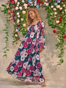 Joyfunear 波西米亚印花长袖孕妇度假连衣裙，喇叭袖，修身，优雅，适合派对 - 彩色 - 查看 3