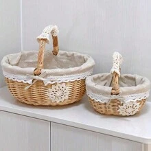 1 件野餐篮，水果篮，用于野餐、厨房整理和储存，手工编织，天然材料，天然，野餐篮红色格纹内衬和处理椭圆形柳条亚麻花储物篮，储存，装饰，多种用途 - 扁柳雛菊 - 查看 6
