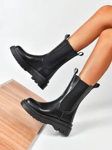 款式与毛衣裙，2024 秋季新款弹力圆头粗跟中筒靴，女士切尔西靴 - 黑色 - 查看 2