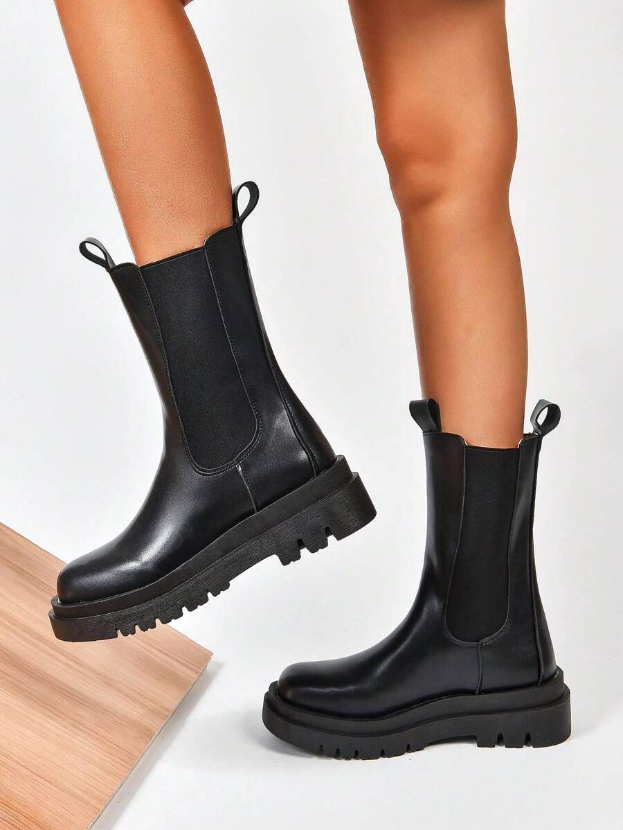 款式与毛衣裙，2024 秋季新款弹力圆头粗跟中筒靴，女士切尔西靴 - 黑色 - 查看 1