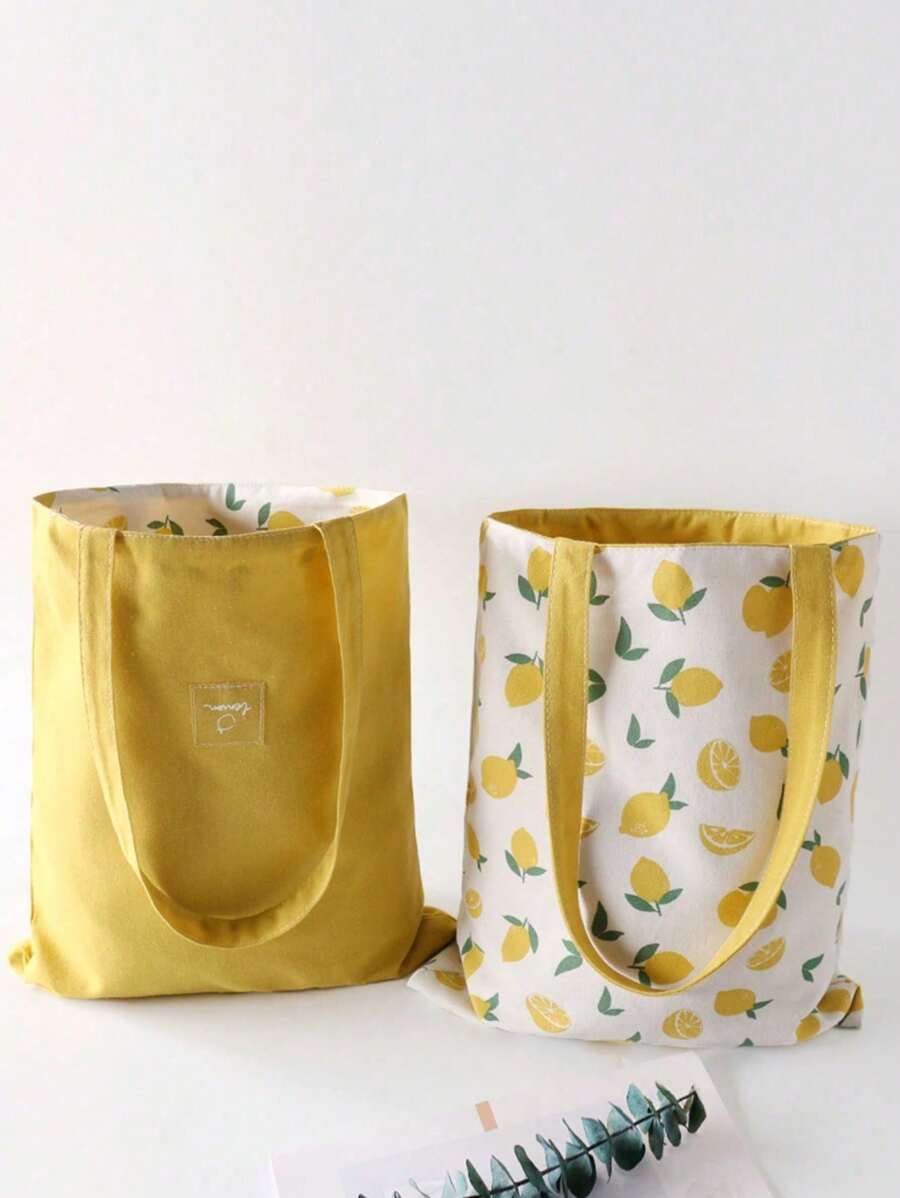 Korean Style Large Capacity Shoulder Bag, Double-Sided, Linen Tote, Literary Fresh , For Shopping And Storage, School Supplies, School Bag, School Handbag, School Tote Bag, School Bookbag, Back To School Bags, Lightweight, Portable, Foldable, Classic Casual, Suitable For Teen Girls Women College Students, Perfect For Back To School, First Day Of School, Yellow - Yellow - View 1