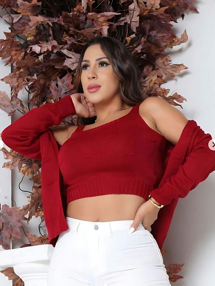 Max Cardigan And Cropped Knit Set Sophia Lycra Fashion Gringa Model - Red - View 1