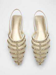 Dành cho nữ Trang trí bằng kim cương màu vàng thanh lịch Lớp lót bên trong bằng lưới tuyệt đối Mũi nhọn Giày gót thấp có dây đeo mắt cá chân để mặc hàng ngày và các bữa tiệc - Vàng - Xem 2