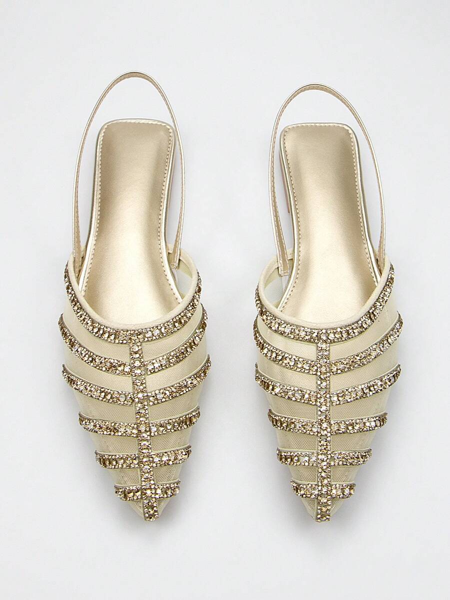 Dành cho nữ Trang trí bằng kim cương màu vàng thanh lịch Lớp lót bên trong bằng lưới tuyệt đối Mũi nhọn Giày gót thấp có dây đeo mắt cá chân để mặc hàng ngày và các bữa tiệc