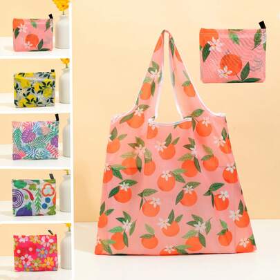 1入大容量可摺疊購物袋，創意便攜式水果印花環保手提收納袋，時尚優雅的配件，旅遊組織者和多巴胺女孩配色收藏，是一份貼心的家人和朋友禮物