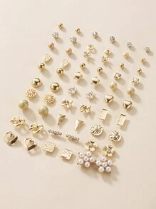 30pairs Exquisite Minimalist Metal Faux Pearl Flower Heart Bowknot Women's Stud Earrings Set, Gift For Dating Valentines,Mom,Mother,Mother's Day,Gift - Yellow Gold - View 2
