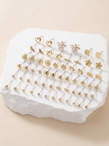 30pairs Exquisite Minimalist Metal Faux Pearl Flower Heart Bowknot Women's Stud Earrings Set, Gift For Dating Valentines,Mom,Mother,Mother's Day,Gift - Yellow Gold - View 4