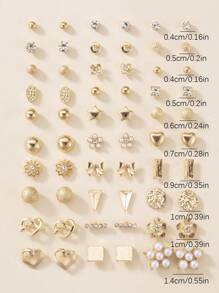 30pairs Exquisite Minimalist Metal Faux Pearl Flower Heart Bowknot Women's Stud Earrings Set, Gift For Dating Valentines,Mom,Mother,Mother's Day,Gift - Yellow Gold - View 5