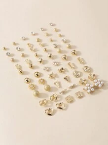 30pairs Exquisite Minimalist Metal Faux Pearl Flower Heart Bowknot Women's Stud Earrings Set, Gift For Dating Valentines,Mom,Mother,Mother's Day,Gift - Yellow Gold - View 3