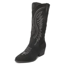 Women Western Cowboy Boots – Embroidered Mid-Calf Chunky Heel Cowgirl Boots With Side Zipper Stylish Comfortable Suede Fall/Winter Boots For Country Concert, Rodeo, Nashville Trip, Festival & Daily Wear [Size Up Half Size] - 黑色 - 查看 3