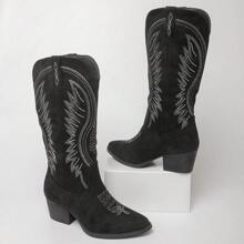 Women Western Cowboy Boots – Embroidered Mid-Calf Chunky Heel Cowgirl Boots With Side Zipper Stylish Comfortable Suede Fall/Winter Boots For Country Concert, Rodeo, Nashville Trip, Festival & Daily Wear [Size Up Half Size] - 黑色 - 查看 6