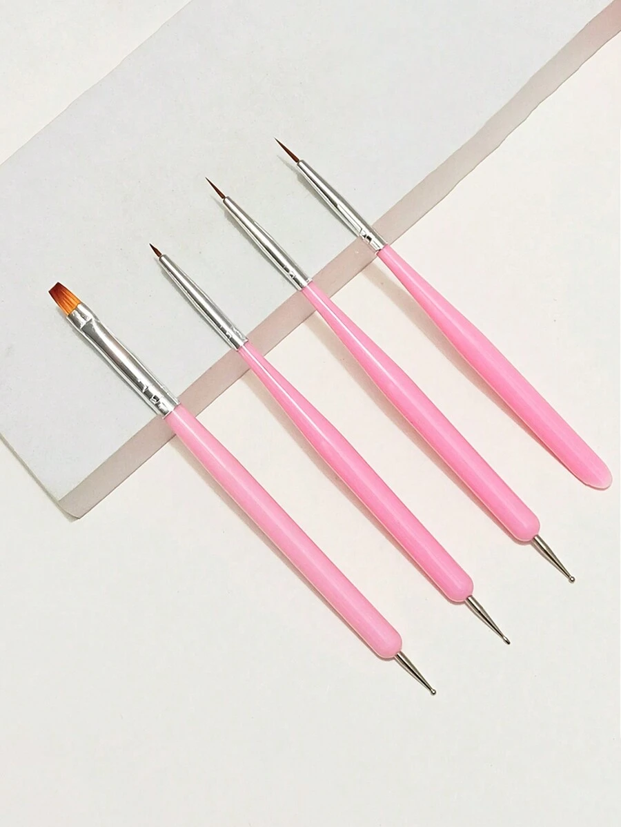 BYCSL 4 Pcs Nail Art Brush Set, Double End Nail Art Brush,SetNail Art Design Tool, 3D Builder Nail Gel Brush, Point Brush, Professional Acrylic Nail Drawing Pen, Nail Art Brush For Nail Salon - Pink - View 1