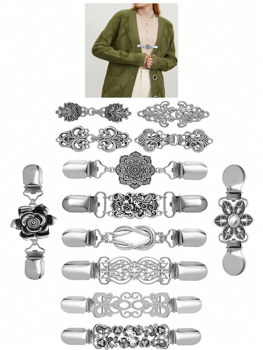 4pcs Vintage Sweater Clip, Shawl Clip, Dress Clip, Shirt Clip, Retro Cardigan Collar Chain Brooch Set Valentine's Day Valentines