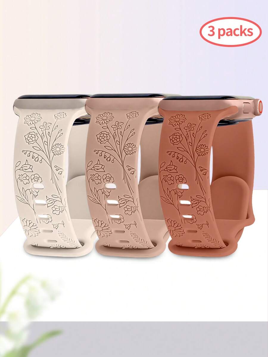 St.siabe 3 件 St. SIabe 女士和男士时尚雕花单色硅胶手表带兼容 系列表带 38mm 40mm 41mm 45mm 44mm 42mm 49mm 皮带，柔软舒适透气腕带替换表带、手链、腕带节日礼物派对搭配 Ultra 系列 S10/9/SE/8/7/6/5/4/3/2/1 手链配件 - 彩色 - 查看 1