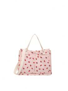 Bolso de tela con estampado de fresa, bolso de mano adorable con frutas, bolso de hombro, incluye correa larga ajustable para opción de cruzado para San Valentín - Rosa - Ver 8