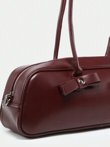 1pc Vintage Minimalist Bow Decor Large Capacity Shoulder Bowling Bag, Suitable For Date, Street, Party - Burgundy - View 3