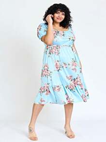 Boho Retro Ditsy Floral Flutter Puff Sleeve Square Neck Tiered Ruffle Tea Midi Length Classic Bridgerton Dress - Mint Blue - View 3
