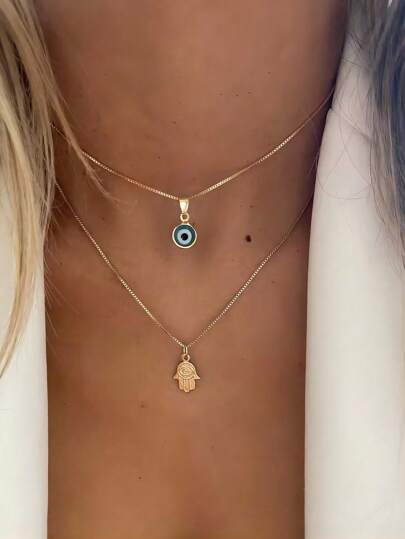 2pcs Fashionable Simple Evil Eye Multi-Layered Necklace Set, Available In Gold And Silver, For Women's Holiday Dates, Gifts, And Daily Outfits