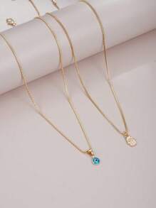 2pcs Fashionable Simple Evil Eye Multi-Layered Necklace Set, Available In Gold And Silver, For Women's Holiday Dates, Gifts, And Daily Outfits - Yellow Gold - View 2