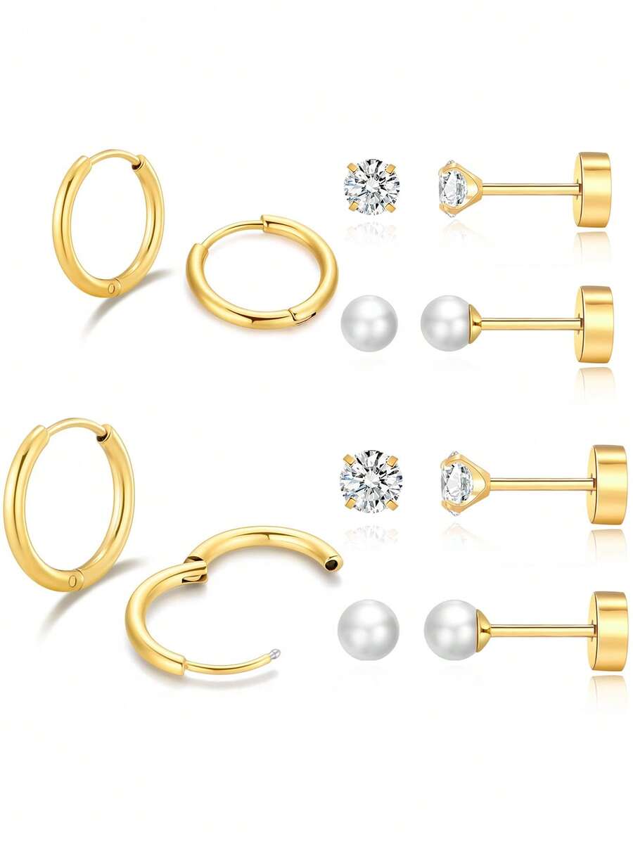 Ensemble de 6 paires de boucles d'oreilles pour cartilage pour femmes, boucles d'oreilles à boucle pour cartilage pour hommes et femmes aux oreilles sensibles, avec cubic zirconia cubique, perle, boule et dos plat pour plusieurs piercings - Boucles d'oreilles zircone - Voir 1