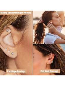 Ensemble de 6 paires de boucles d'oreilles pour cartilage pour femmes, boucles d'oreilles à boucle pour cartilage pour hommes et femmes aux oreilles sensibles, avec cubic zirconia cubique, perle, boule et dos plat pour plusieurs piercings - Boucles d'oreilles zircone - Voir 6