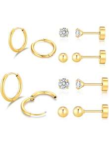 Ensemble de 6 paires de boucles d'oreilles pour cartilage pour femmes, boucles d'oreilles à boucle pour cartilage pour hommes et femmes aux oreilles sensibles, avec cubic zirconia cubique, perle, boule et dos plat pour plusieurs piercings - Boucles d'oreilles zircone - Voir 4