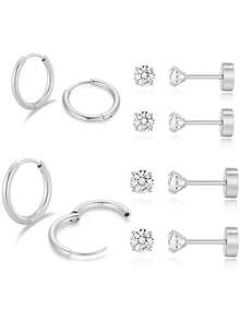 Ensemble de 6 paires de boucles d'oreilles pour cartilage pour femmes, boucles d'oreilles à boucle pour cartilage pour hommes et femmes aux oreilles sensibles, avec cubic zirconia cubique, perle, boule et dos plat pour plusieurs piercings - Boucles d'oreilles zircone - Voir 5