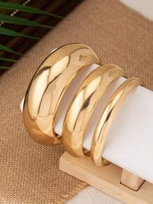 3 件时尚简约纯色圆形手镯套装女士黄金首饰 - 适合街头服饰、闪亮派对和各种场合 - 金黃色 - 查看 5