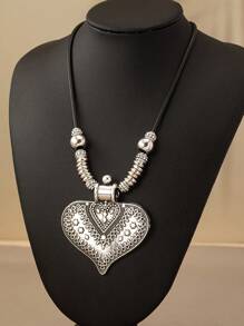 1pc Vintage Elegant Bohemian Style Distressed Heart Pendant & Star Floral Metal Design Necklace For Women