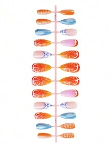 24入組Y2K粉色法式指尖假甲，杏仁假甲，3D浮雕彩色橘色陽光愉悅設計，光亮全覆蓋假甲，夏季美甲用品，適用於女性和女孩 - 彩色 - 查看 3