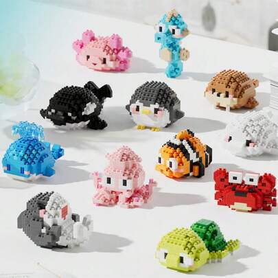 2 Zoll Mini Marine Life Serie Zusammensteckbare Bauklötze, süße Cartoon Tier Modelle zum Zusammenbauen, kreative Desktop Dekor Geschenke Raumdekoration Weihnachtsgeschenke Farbblöcke, Spielsachen, Kinderzimmer, Hai, süße Tiere, Kindergeschenke, Weihnachtsgeschenke Kinder