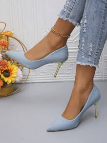 Pointed High-Heeled Shoes 2023 New Arrival, Thin Heels, Non-Slip, Comfortable, Fashionable And Versatile, Shiny Gold, Suitable For Work And Everyday Use, Sexy And Feminine, Large Size Available. - Baby Blue - View 1