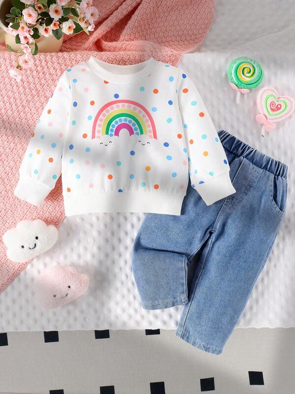 2 peças Conjunto de Roupa Leve para Bebê Menina, Camiseta de Manga Longa Impressa com Bolinhas e Arco-íris + Calça Denim Leve em cor Clara, Adequado para Primavera e Outono