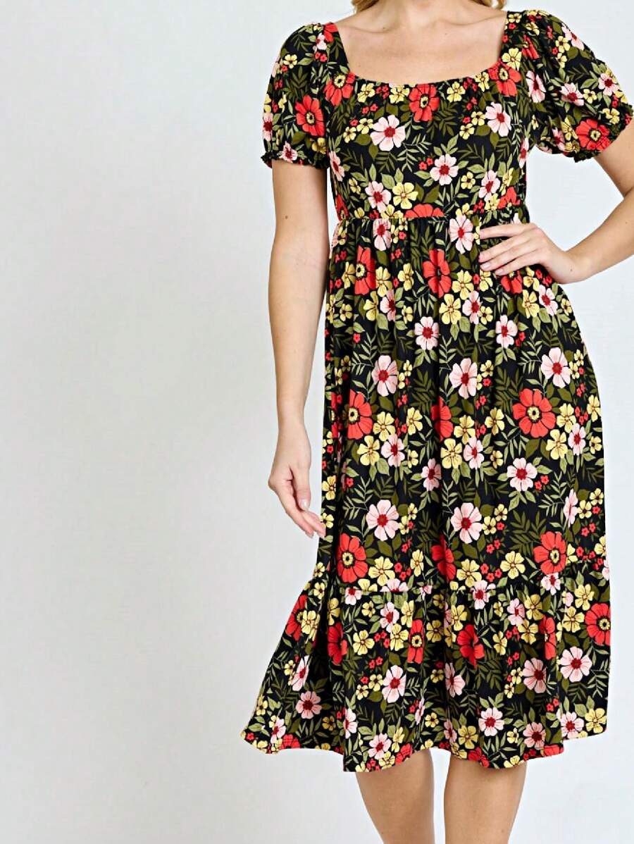 Boho Retro Ditsy Floral Flutter Puff Sleeve Square Neck Tiered Ruffle Tea Midi Length Classic Bridgerton Dress - Red and Black - View 1