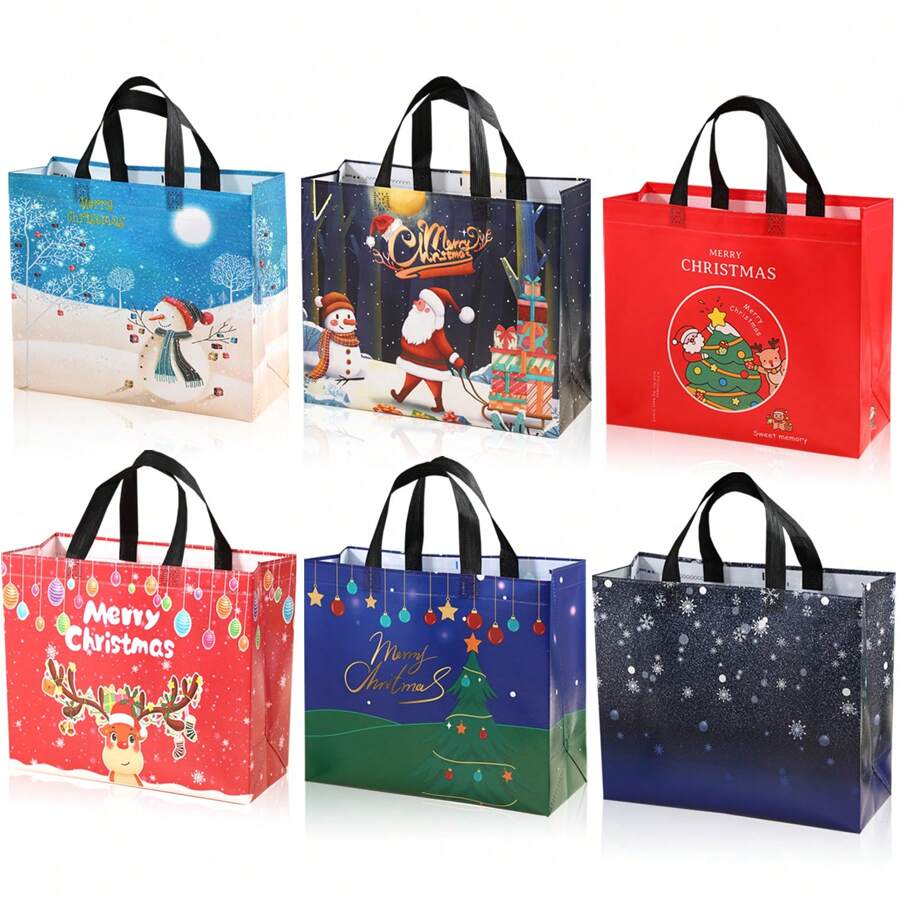 6/9/12pcs Christmas Gift Bags, Large Christmas Tote Bags With Handles, Multi-Purpose Non-Woven Fabric Christmas Wrapping Shopping Bags, Christmas Party Supplies,Christmas