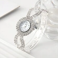 2pcs Women's Full Rhinestone Fashion Bracelet Watch Set, Bridal Gift - Silver - View 2