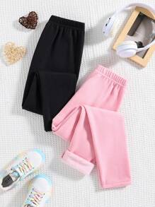 2pcs Young Girl Solid Color Warm Lined Thermal Underwear