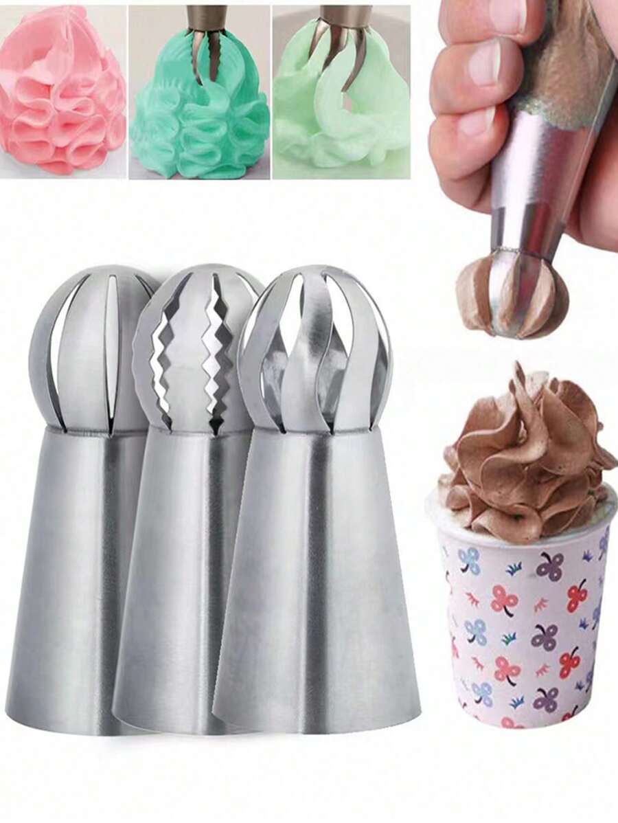 Ensemble de 3 Buses à Glaçage en Acier Inoxydable en Forme de Boule, avec Buse en Forme de Torche, Outil de Décoration de Gâteau à la Crème Pour la Cuisson, Outil de Décoration de Cupcake en Papier, Outil de Buse à Crème pour Gâteau