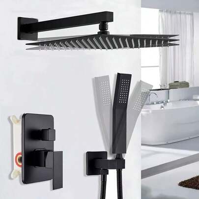 Bathroom Rainfall Shower Faucet System Matte Black W/Hand Spray Wall Mounted Stainless Steel Shower Faucet Set System Black Rainfall Shower Head Mixer Valve