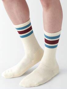 1pair Striped Socks For Men & Women, Color-Block Three Stripe High Tube Sports Skateboard Long Socks, European And American Sizes, Premium Fabric, Autumn & Winter, Fall - Beige - View 1