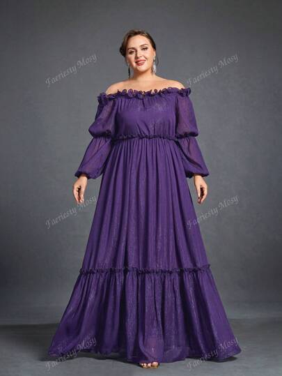 Plus Off Shoulder Lantern Sleeves Chiffon Mother Of The Bride Formal Dress