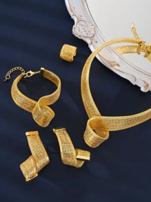 5件套女士18K镀金铜项链、耳环、戒指、手链首饰套装，适合日常佩戴或作为礼物 - 金黃色 - 查看 3