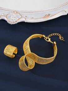 5件套女士18K镀金铜项链、耳环、戒指、手链首饰套装，适合日常佩戴或作为礼物 - 金黃色 - 查看 5
