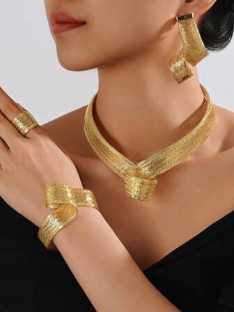 5pcs/Set Copper 18k Gold-Plated Necklace Earrings Ring And Bracelet Jewelry Set, Suitable For Daily Decoration Or Gift Giving