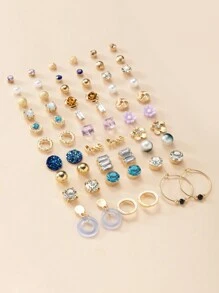 30pairs Exquisite Simple Metal Faux Pearl Flower Heart Bowknot Women Stud Earrings Set For Dating Gift Valentines,Mom,Mother,Mother's Day,Gift - Multicolor - View 3