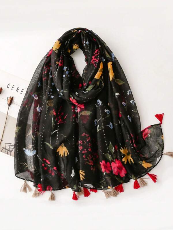 Écharpe chaude et châle pour femmes en mode automne/hiver, noire avec des fleurs colorées en sequins faits main et des franges