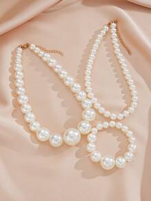 3pcs Fashionable And Simple Faux Pearl Bracelet Necklace Jewelry Set For Women, Suitable For Daily Wear, Dates, And Holidays, Great Gift - Silver - View 3